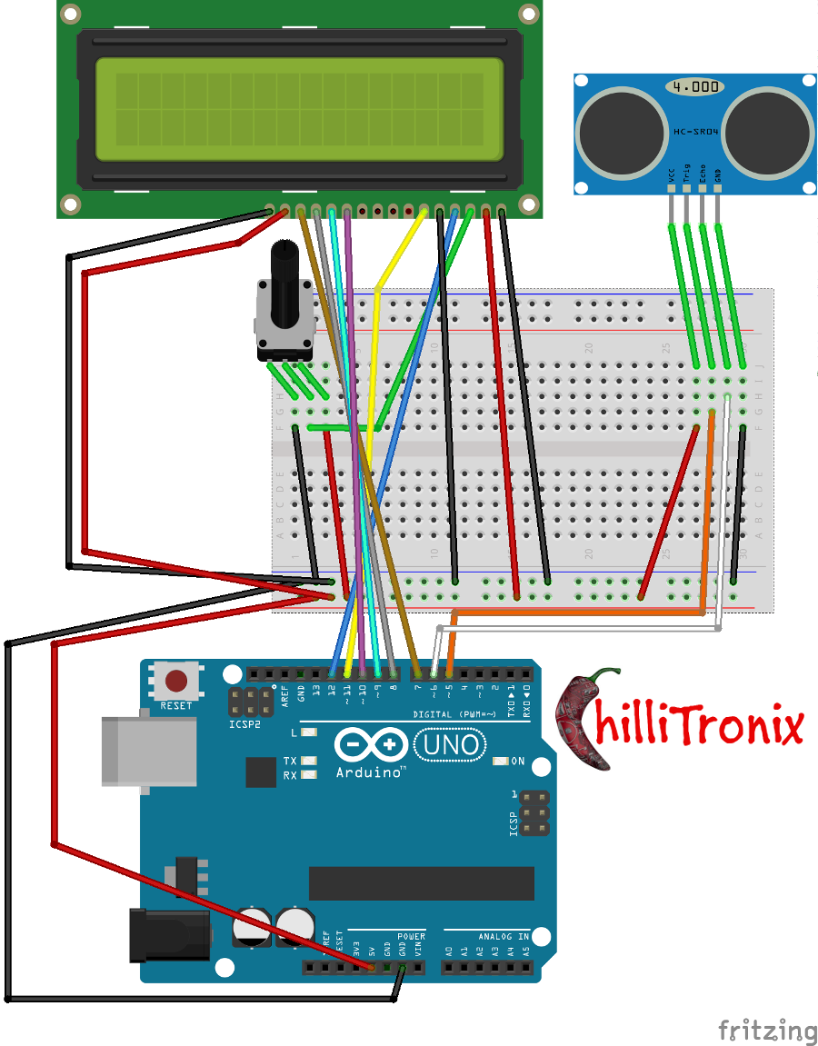 HC-SR04 Ultrasonic rangefinder with LCD screen and Arduino